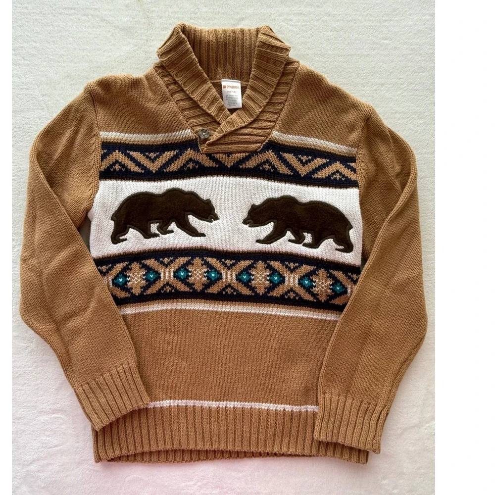 Gymboree Boys Bear Aztec Shawl Collar Sweater Tan Winter Pullover Size 7/8